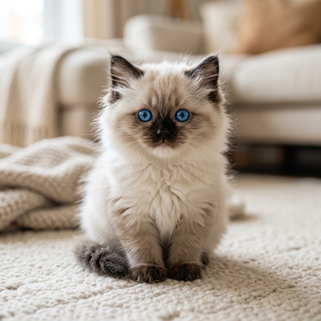 A fluffy colorpoint Ragdoll kitten with striking blue eyes sitting on carpet.