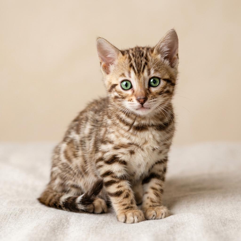 An adorable marbled Bengal kitten sitting on a white cushion.