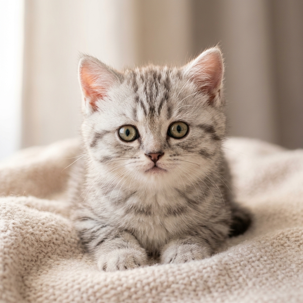 An adorable silver tabby British Shorthair kitten playing with a ball.