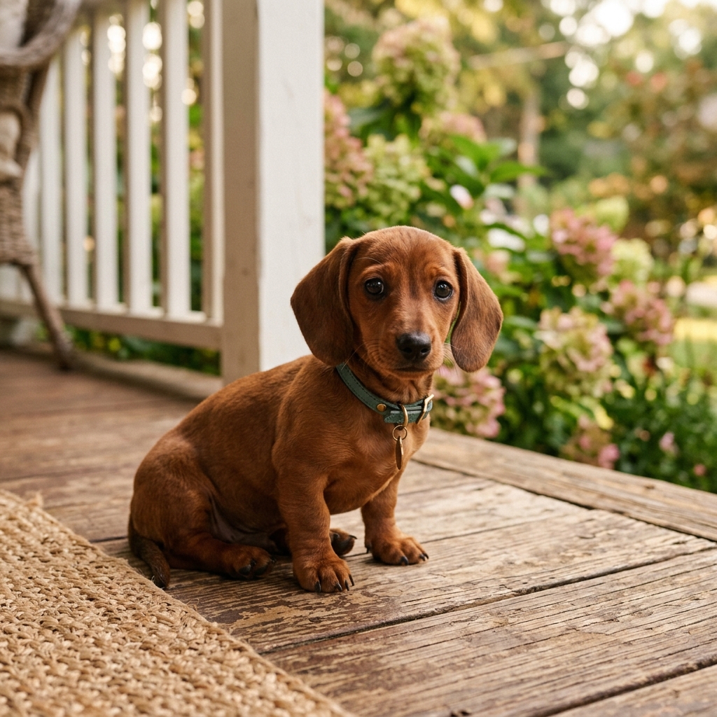 A cute dapple dachshund puppy standing on a light gray couch.