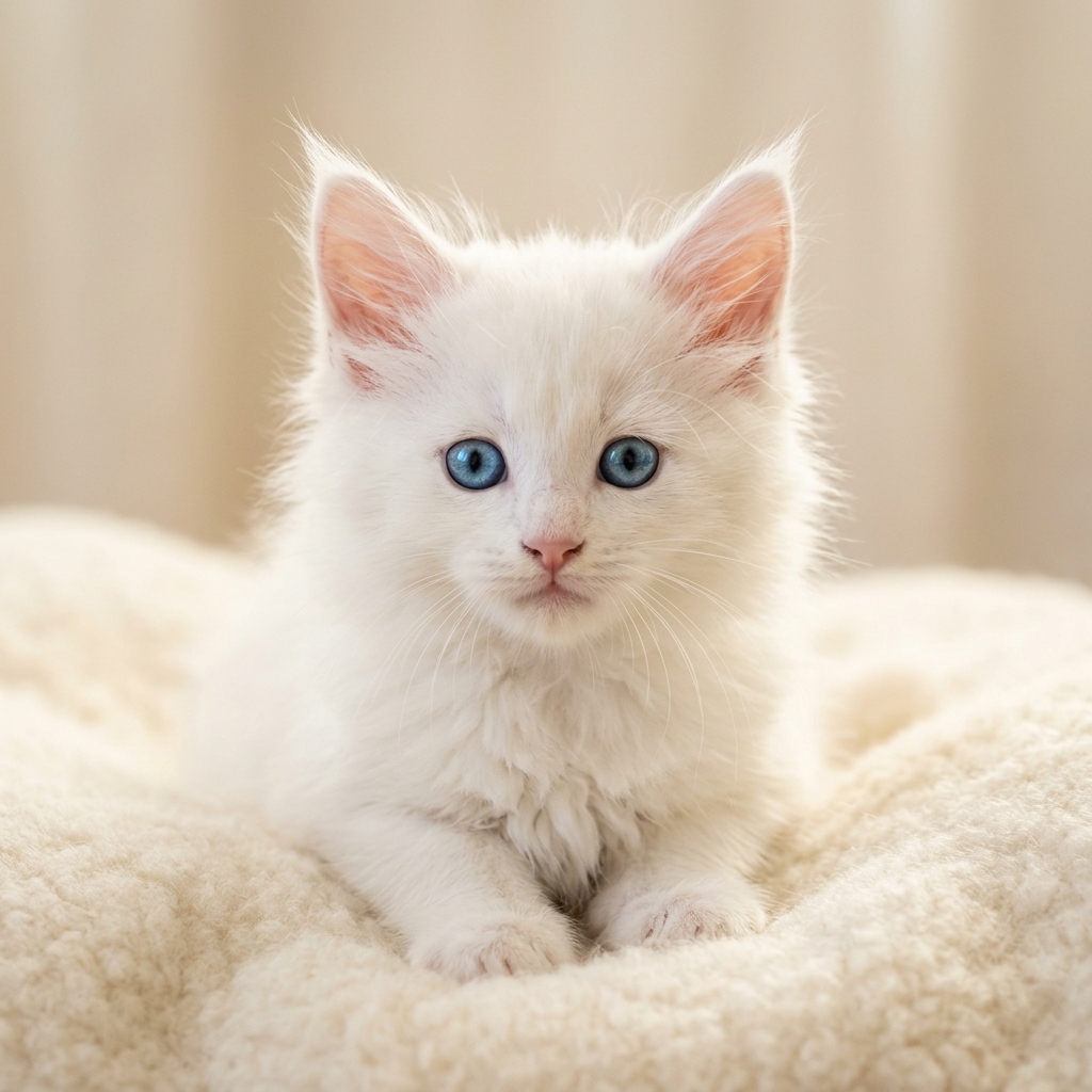 A beautiful white Maine Coon kitten with large ears and blue eyes.