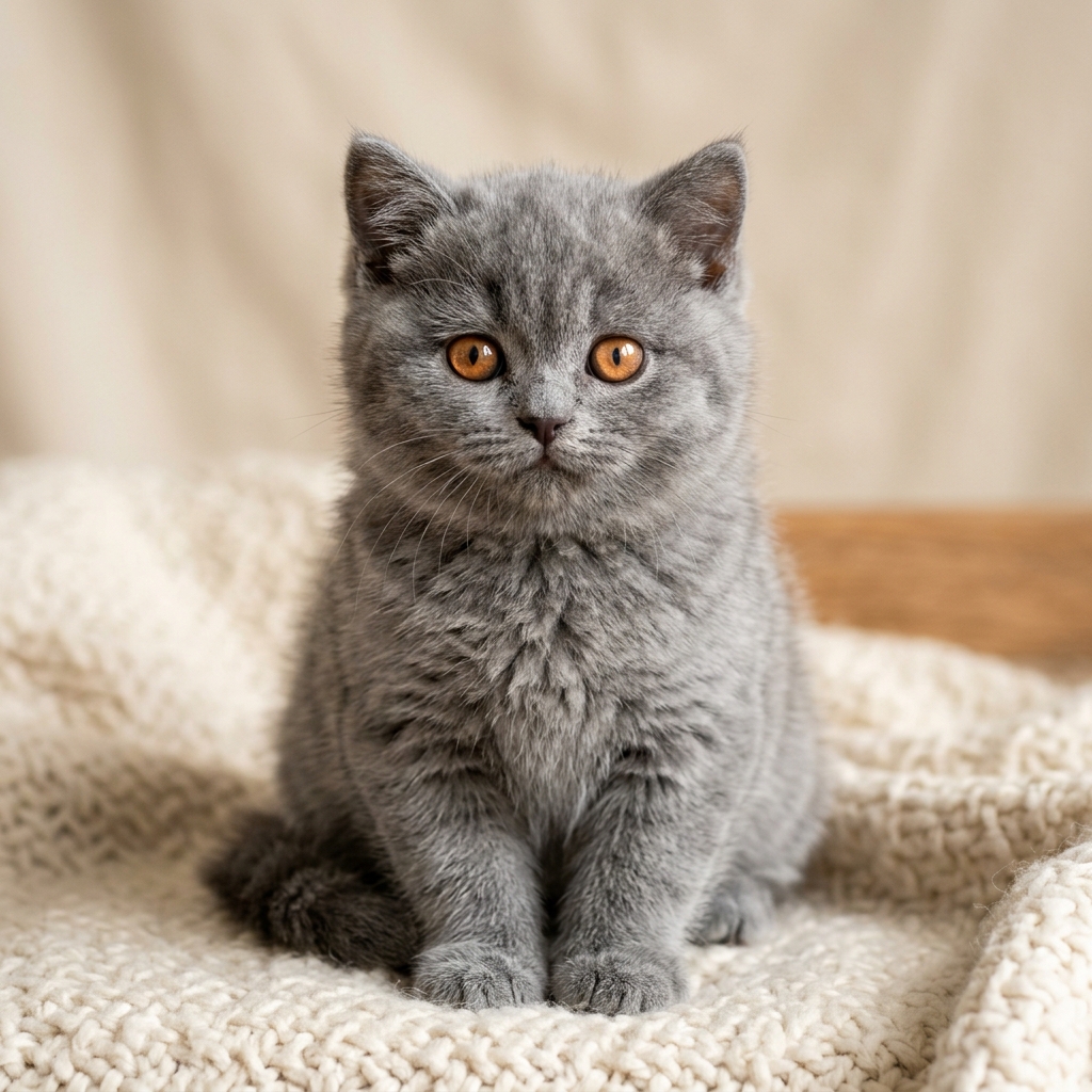 A gorgeous blue British Shorthair kitten sitting upright with amber eyes.