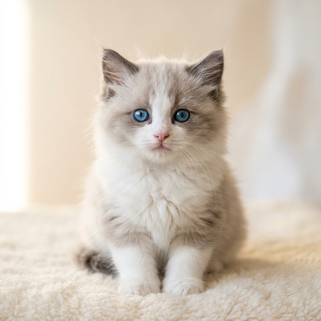 A sweet bi-color Ragdoll kitten looking directly into the camera.
